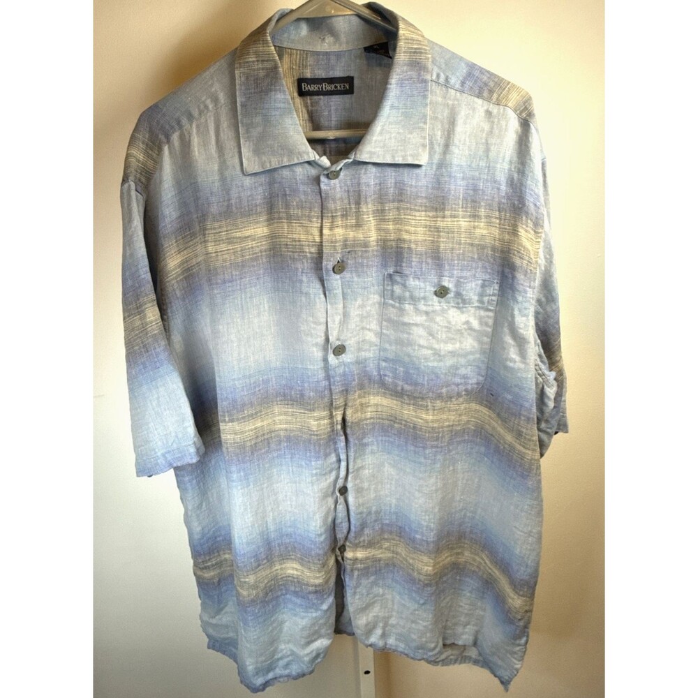Vintage 100% Linen Barry Bricken Shirt Men's XL Blue Button Up Short Sleeve*